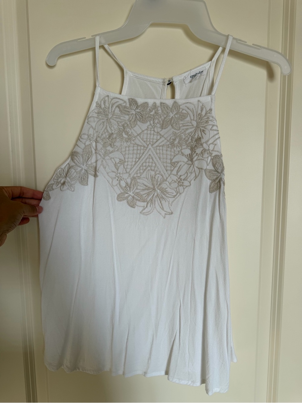 Eyeshadow White Tank Top with Beige Embroidered Yoke
